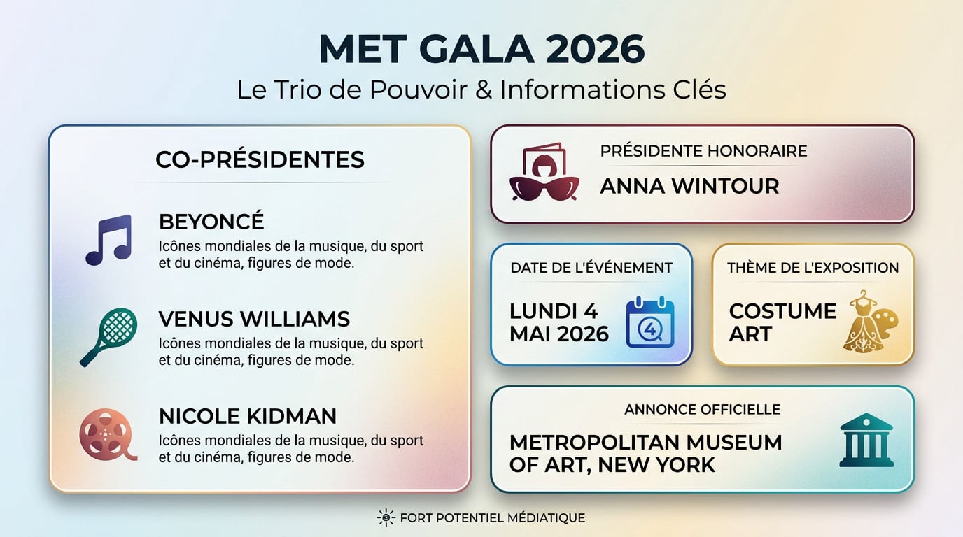 Beyoncé, Nicole Kidman et Venus Williams nommées co-présidentes du Met Gala 2026