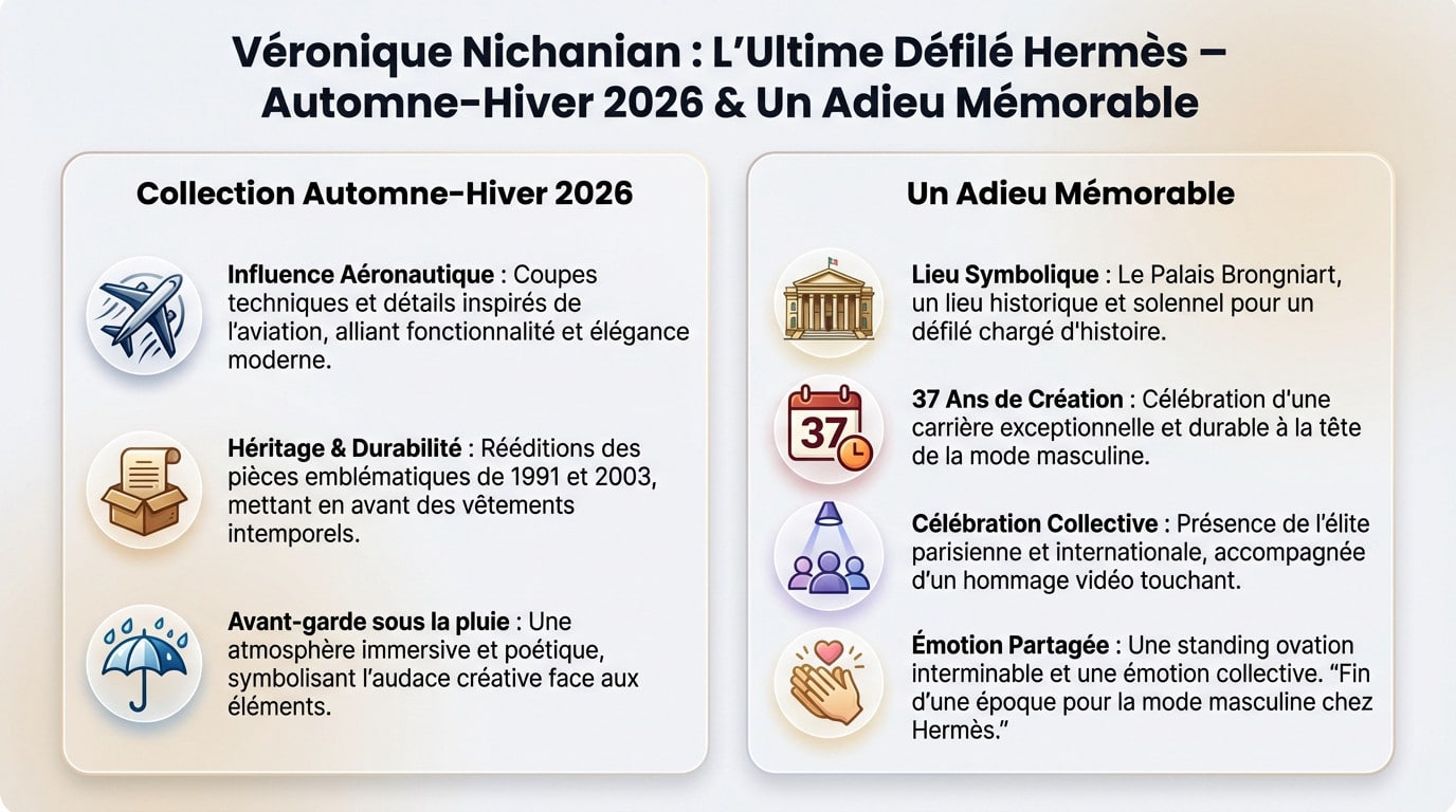 Véronique Nichanian salue le public lors de son dernier défilé Hermès au Palais Brongniart