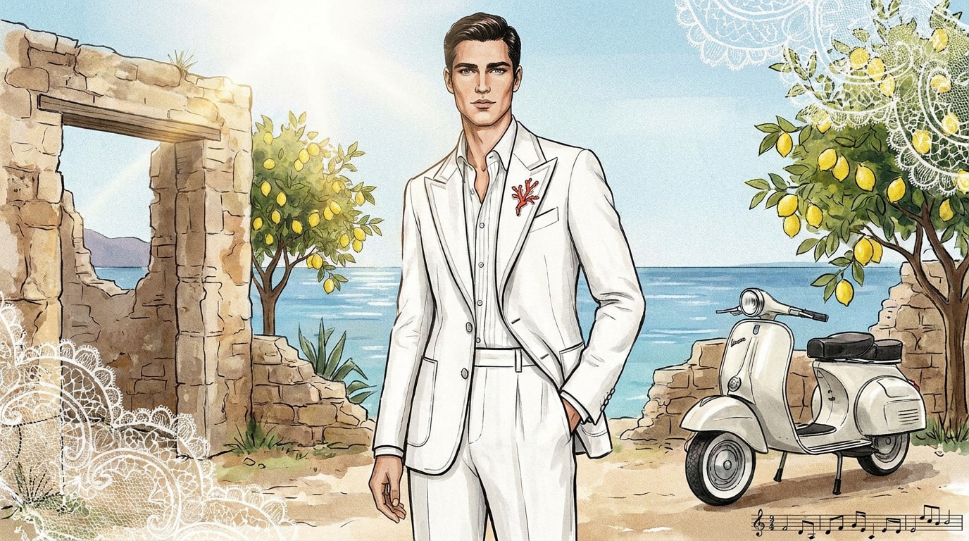 Mannequin portant un costume en lin blanc de la collection Dolce and Gabbana 2027 à Milan
