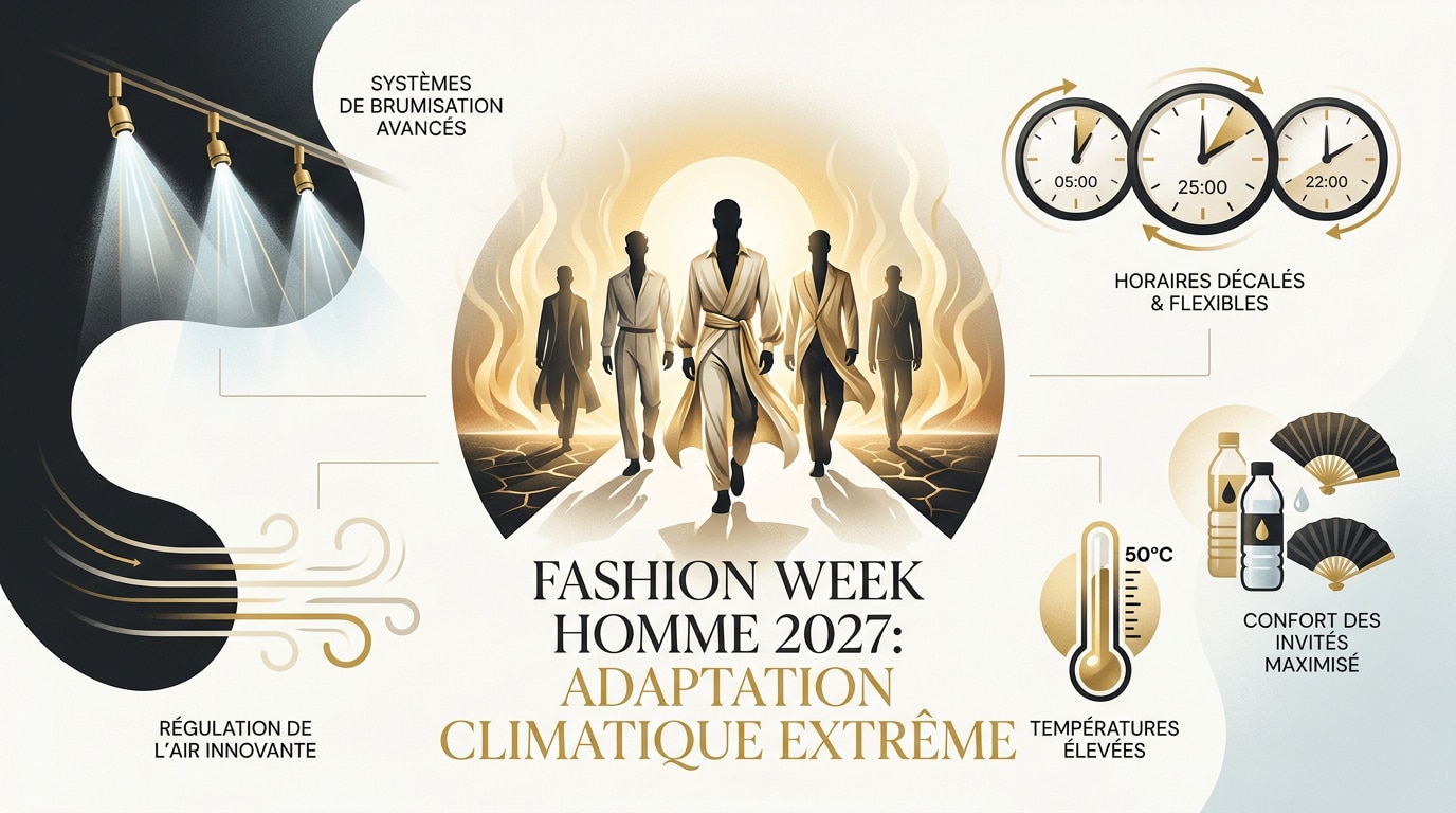Défilé de mode masculine à Paris sous une chaleur extrême avec dispositifs de régulation thermique