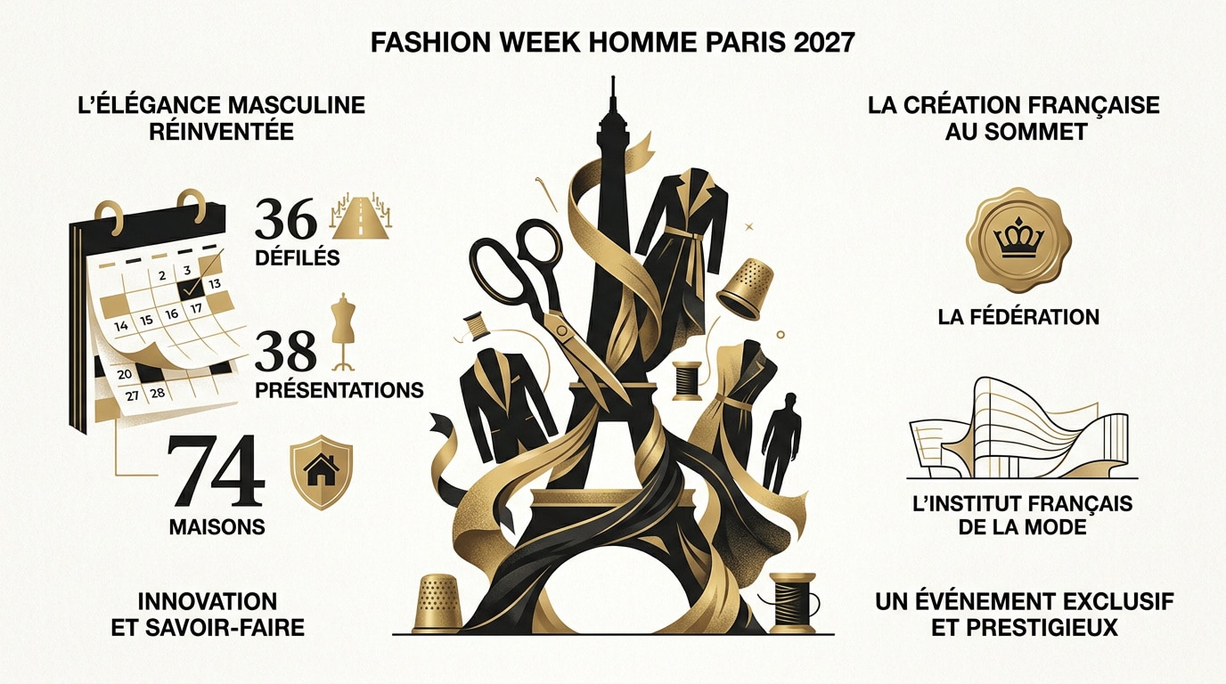 Défilé de mode masculine lors de la Fashion Week de Paris 2027 illustrant l'élégance contemporaine