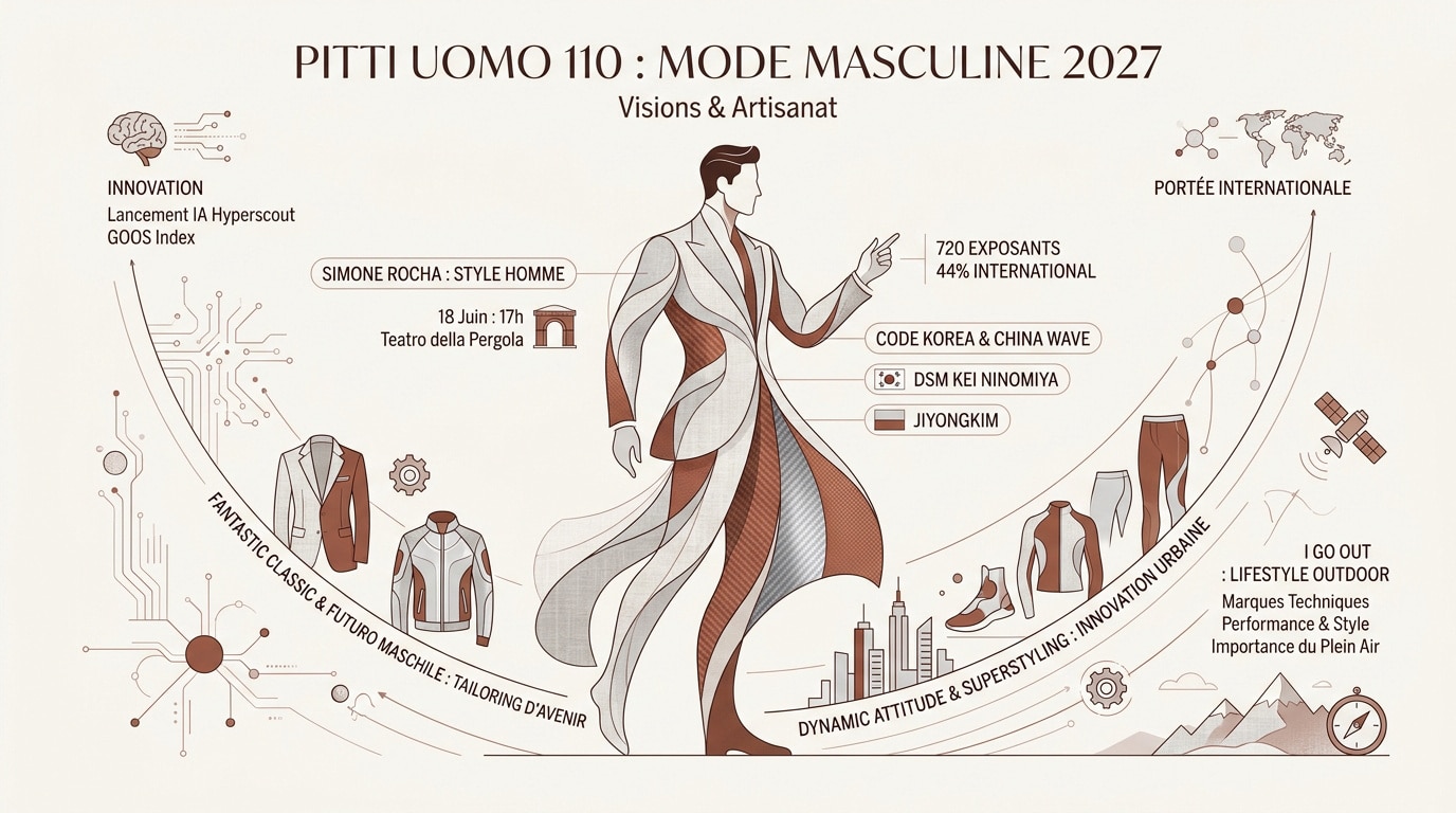 Exposition de mode masculine contemporaine au salon Pitti Uomo 110 à Florence
