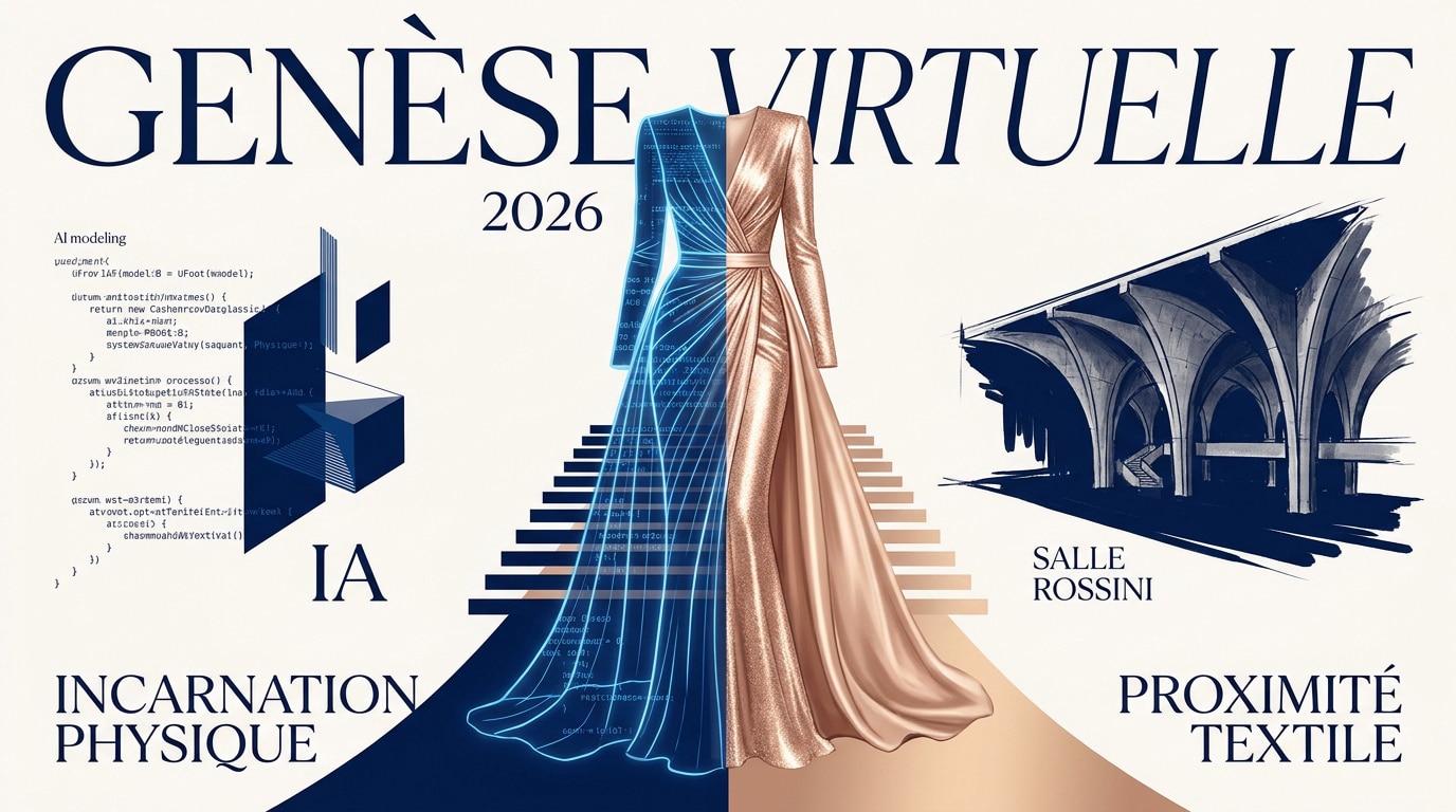 Représentation conceptuelle de la fusion entre l'intelligence artificielle et la haute couture de luxe