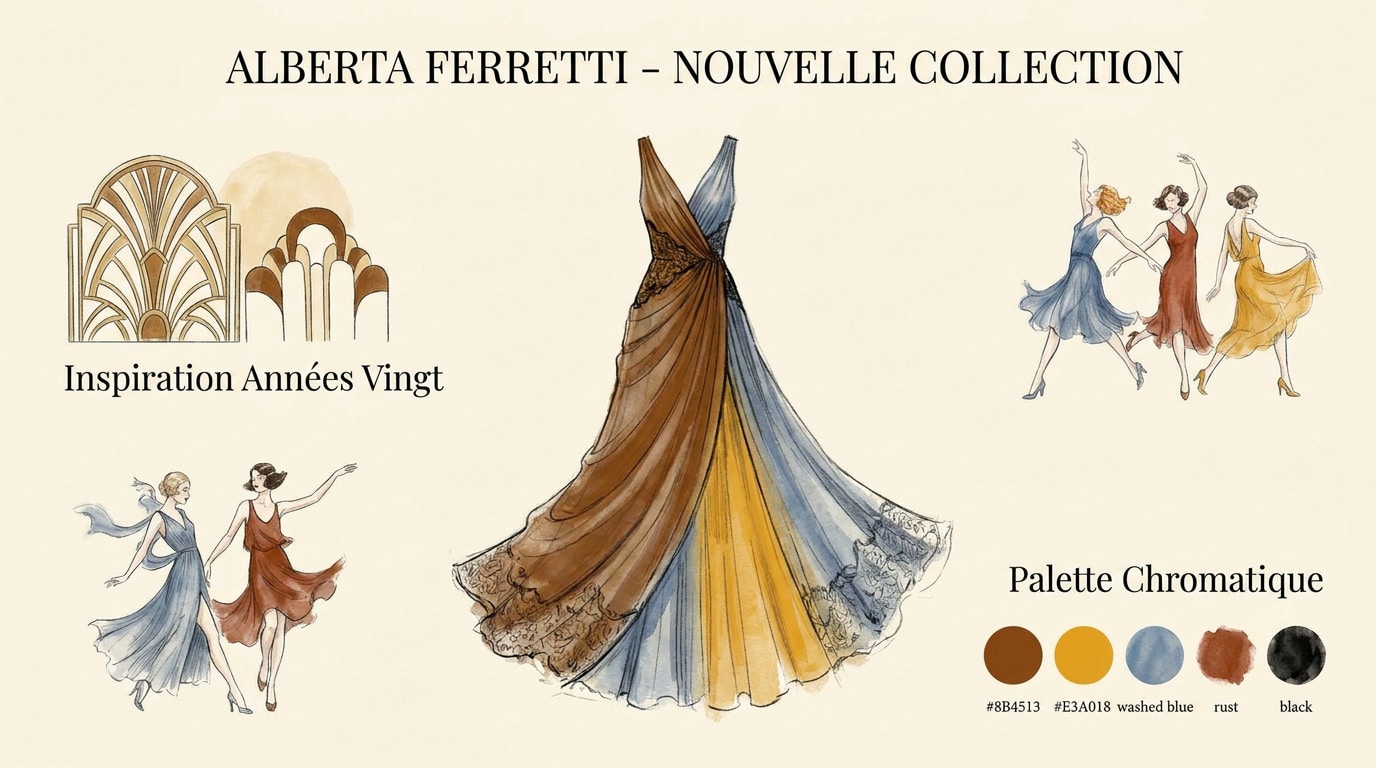 Mannequin portant une robe fluide Alberta Ferretti inspirée des années vingt et des Ballets Russes