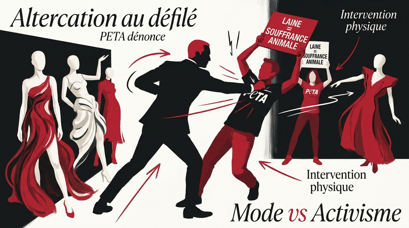 Altercation physique entre Steven Kolb et une militante de PETA lors du défilé COS à New York