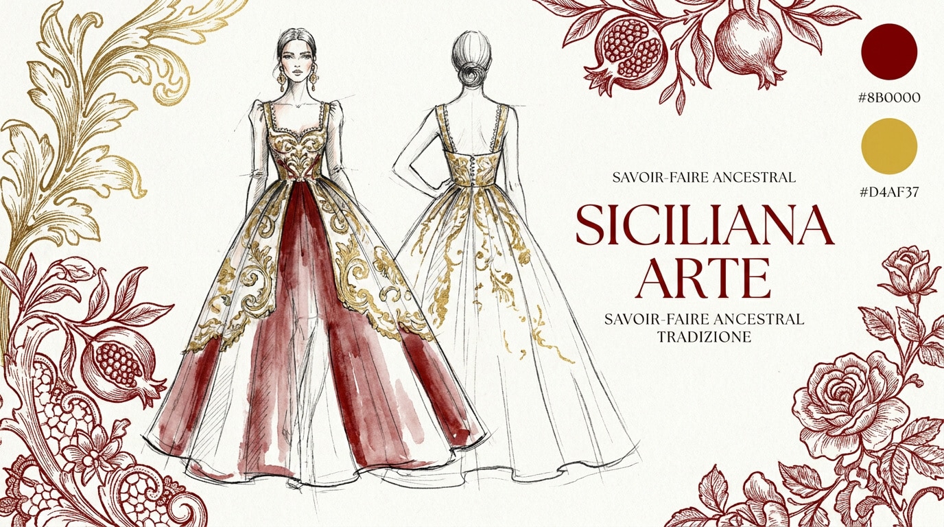 Croquis de haute couture illustrant l'artisanat du crochet et les motifs baroques siciliens