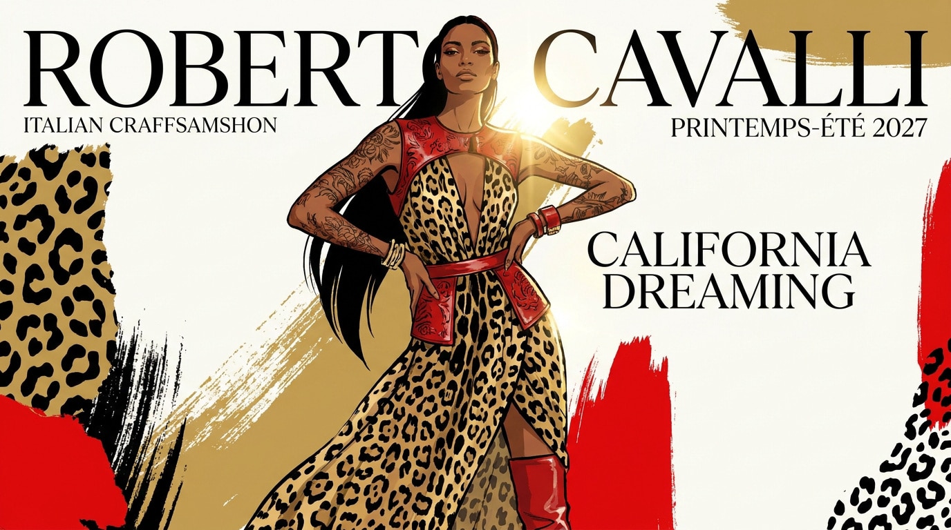 Mannequin défilant pour la collection Roberto Cavalli printemps-été 2027 avec des imprimés léopard et cuir rouge