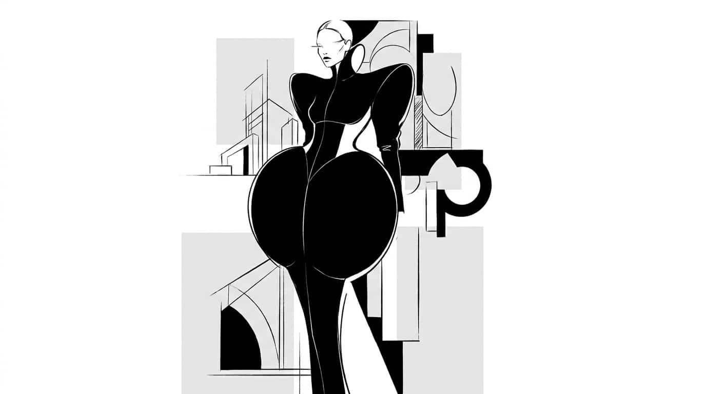 Silhouette sculpturale monochrome de Harris Reed avec chapeau géant et volumes exagérés