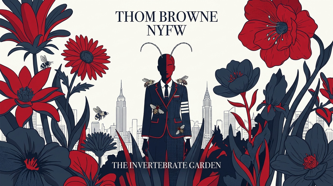 Mannequin Thom Browne arborant des broderies d'insectes et des franges lors du défilé printemps 2026 à New York