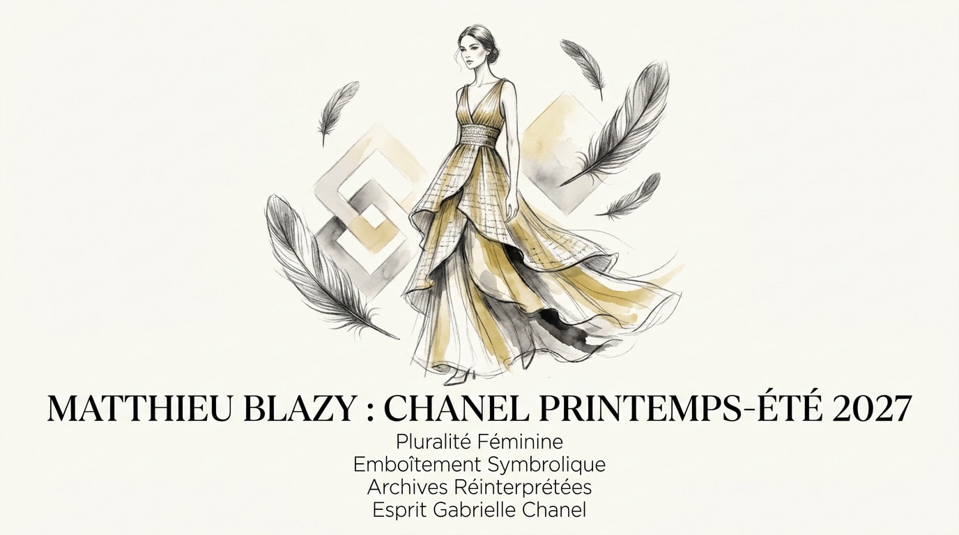 Mannequin défilant pour Chanel printemps-été 2027 illustrant la fluidité des silhouettes et le concept d'oiseaux gigognes
