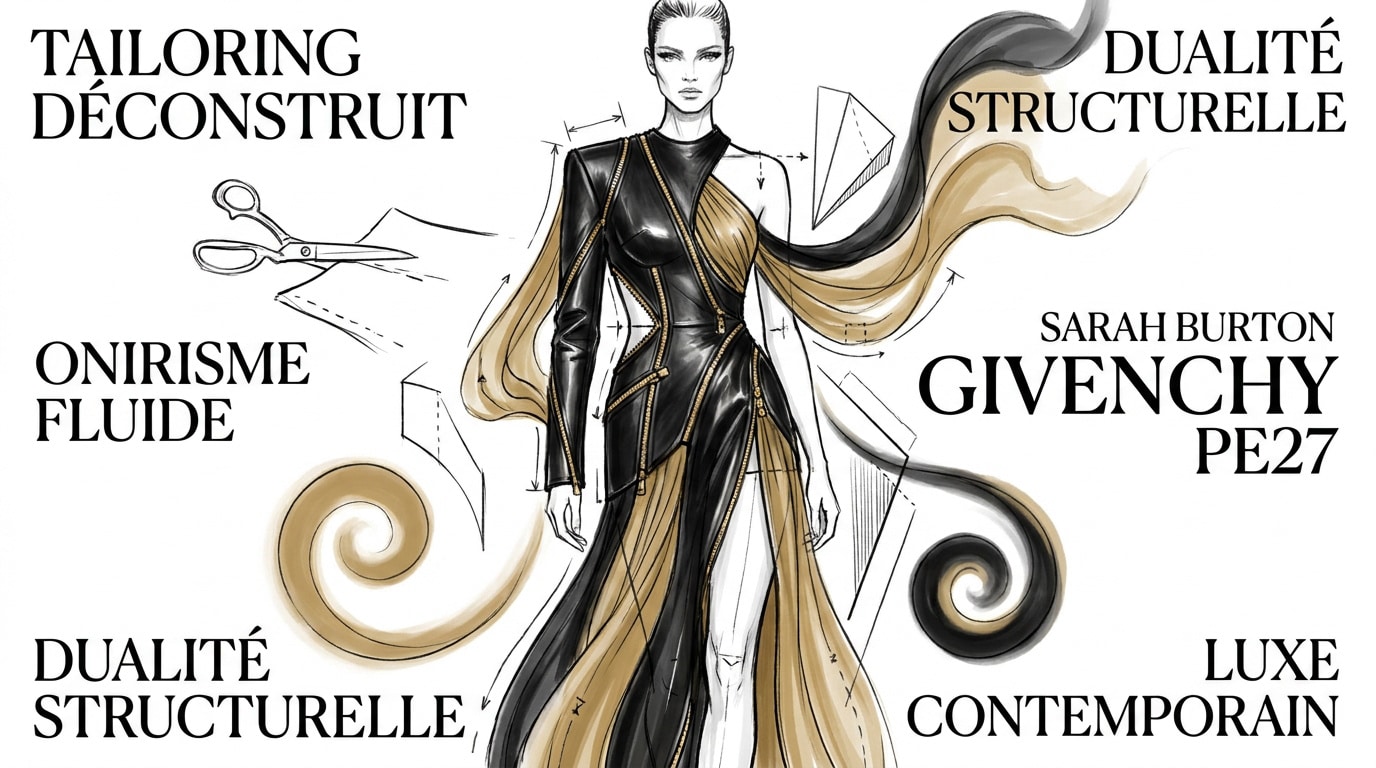 Mannequin défilant pour Givenchy printemps-été 2027 illustrant le tailoring déconstruit et la fluidité onirique