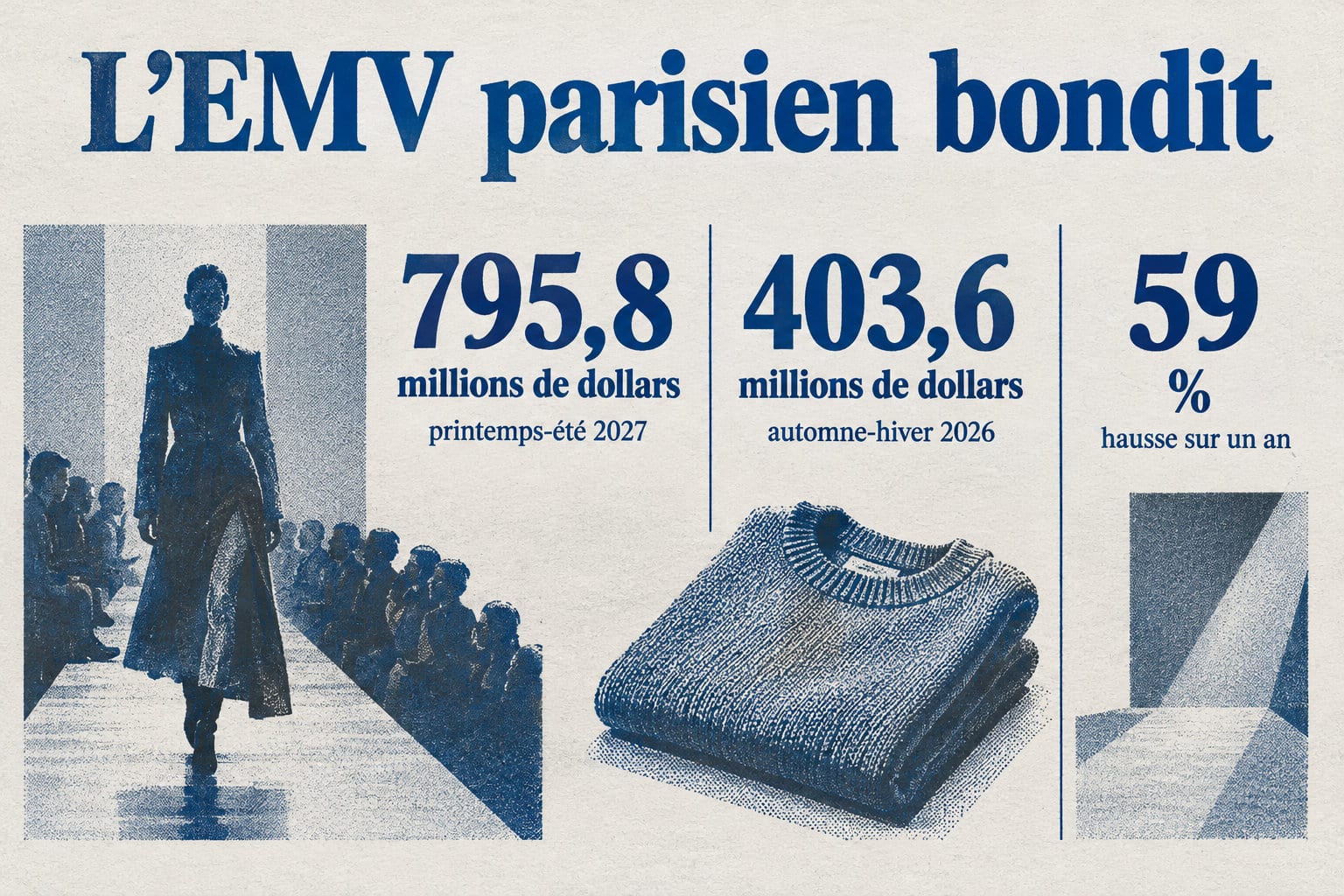 L’EMV de la Fashion Week de Paris atteint 795,8 millions de dollars au printemps-été 2027, contre 403,6 millions à l’automne-hiver 2026, soit une hausse de 59 % sur un an.